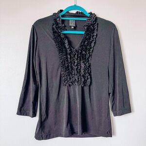 Due Per Due Black Ruffle 3/4 Sleeve Top Size Small